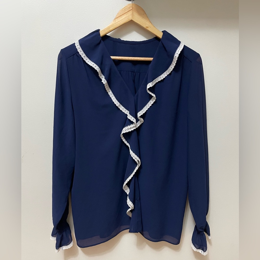 Vintage Collared Peasant Blouse Long Sleeve Ruffled Navy Blue Grannycore